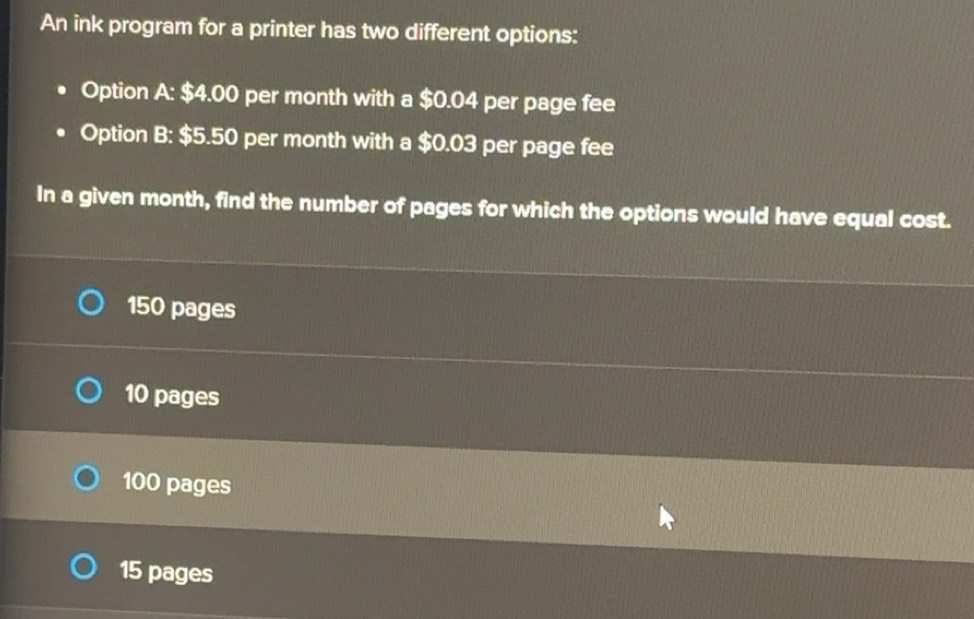 Solved: An ink program for a printer has two different options: Option ...