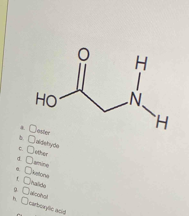 □ aldehyde
C. _  ether
d. amine
e. ketone
f. halide
9. bigcirc
alcohol
h. □ carboxylic acid