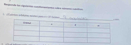 Responde los siguientes cuestionamientos sobre números cuánticos 
1. ¿Cuántos orbitales existen para n=3 ? Existen 
.