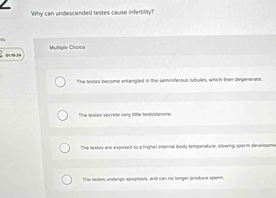 Why can undescended testes cause infertility?
its
Multiple Choice
01:19:24
The testes become entangled in the seminiferous tubules, which then degenerate.
The testes secrete very little testosterone.
The testes are exposed to a higher internal body temperature, slowing sperm developme
The testes undergo apoptosis, and can no longer produce sperm.