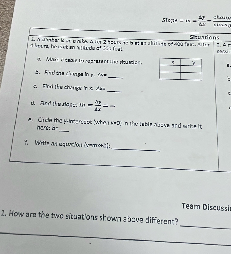 Slope =m= △ y/△ x = chang/chang 
Situations 
1. A climber Is on a hike. After 2 hours he is at an altitude of 400 feet. After
4 hours, he is at an altitude of 600 feet. 2. An 
sessic 
a. Make a table to represent the situation. 
a. 
b. Find the change in y : △ y= _ 
b 
_ 
c. Find the change in x : △ x=
C 
d. Find the slope: m= △ y/△ x = _ 
C 
_ 
e. Circle the y-intercept (when x=0) in the table above and write it 
here: b=
_ 
f. Write an equation (y=mx+b) : 
Team Discussic 
_ 
1. How are the two situations shown above different?