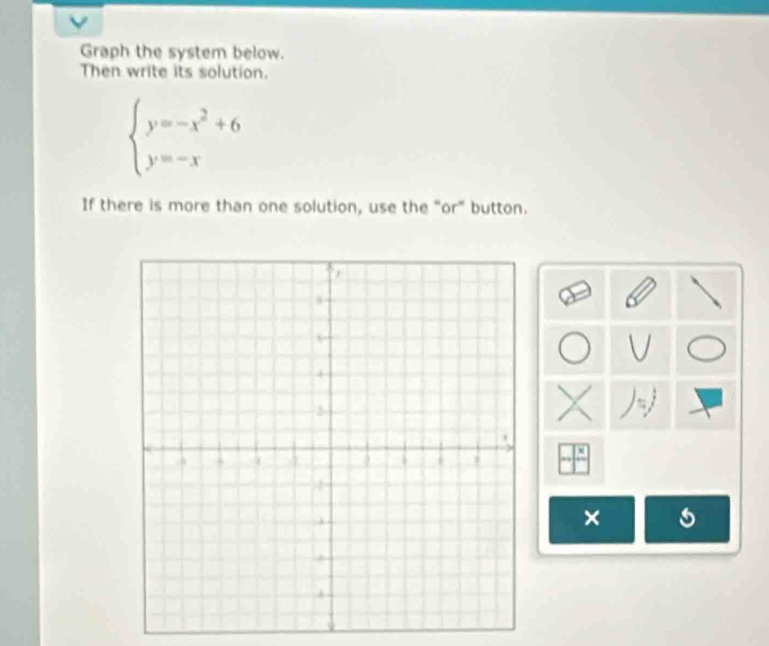 Graph the system below. 
Then write its solution.
beginarrayl y=-x^2+6 y=-xendarray.
If there is more than one solution, use the “or” button. 
×