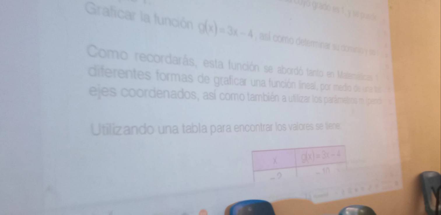 LUyo gradó es 1, y se puede
Graficar la función g(x)=3x-4 ,  así como determinar su domini  o  
Como recordarás, esta función se abordó tanto en Malemásticas 
diferentes formas de graficar una función lineal, por medio de una tal
ejes coordenados, así como también a utilizar los parâmetros m (pendi
Utilizando una tabla para encontrar los valores se tiene.