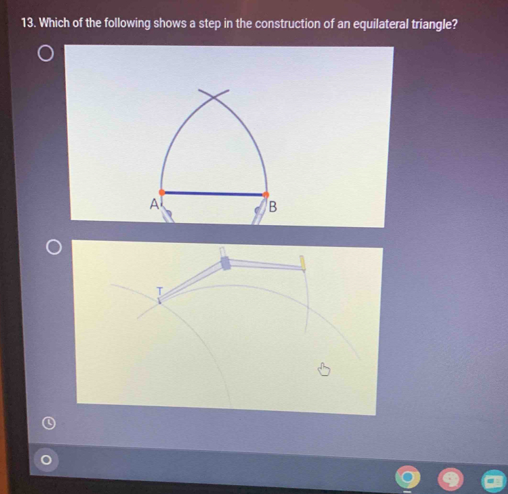 Which of the following shows a step in the construction of an equilateral triangle?