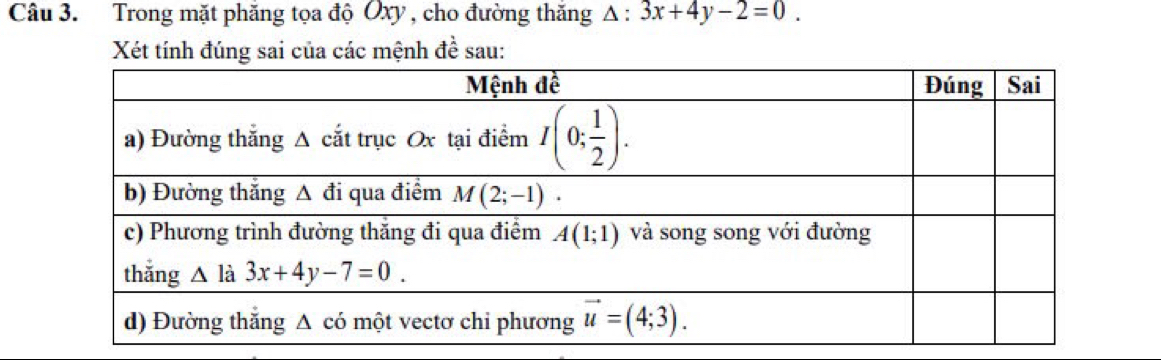 Trong mặt phăng tọa độ Oxy , cho đường thăng △ :3x+4y-2=0.
Xét tính đúng sai của các mệnh đề sau: