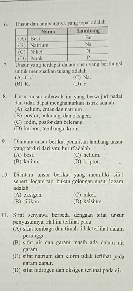 Unsur dan lambangnya yang tepat adalah
7. Unsur yang terdapat dalam susu yang berfungsi
untuk menguatkan tulang adalah
(A) Ca. (C) Na.
(B) K. (D) F.
8. Unsur-unsur dibawah ini yang berwujud padat
dan tidak dapat menghantarkan listrik adalah
(A) kalium, emas dan natrium.
(B) posfor, belerang, dan oksigen.
(C) iodin, posfor dan belerang.
(D) karbon, tembanga, krom
9. Diantara unsur berikut penulisan lambang unsur
yang terdiri dari satu huruf adalah
(A) besi. (C) helium.
(B) kalium. (D) kripton.
10. Diantara unsur berikut yang memiliki sifat
seperti logam tapi bukan golongan unsur logam
adalah
(A) oksigen. (C) nikel.
(B) silikon. (D) kalsium.
11. Sifat senyawa berbeda dengaan sifat unsur
penyusunnya. Hal ini terlihat pada
(A) sifat tembaga dan timah tidak terlihat dalam
perunggu.
(B) sifat air dan garam masih ada dalam air
garam.
(C) sifat natrium dan klorin tidak terlihat pada
garam dapur.
(D) sifat hidrogen dan oksigen terlihat pada air.