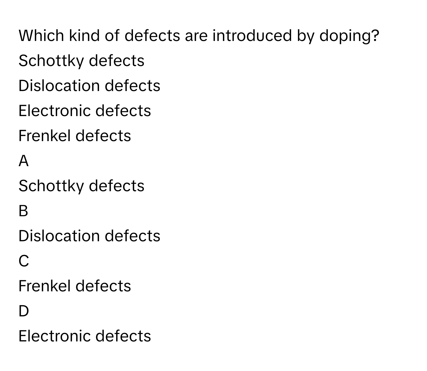 Which kind of defects are introduced by doping?Schottky defects
Dislocation defects
Electronic defects
Frenkel defects

A  
Schottky defects 


B  
Dislocation defects 


C  
Frenkel defects 


D  
Electronic defects