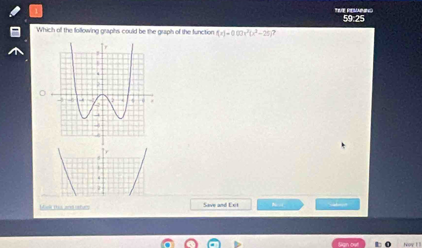 TIVE REMAINING
59:25
Which of the following graphs could be the graph of the function f(x)=0.03x^2(x^2-25) ?
y
s
5
4
2
bik (his, and rstur) Save and Exit Na Satrust
Sign out Nov 11