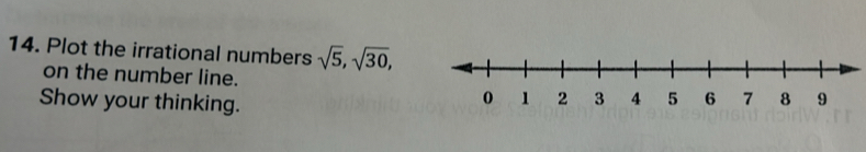 Plot the irrational numbers sqrt(5), sqrt(30), 
on the number line. 
Show your thinking.