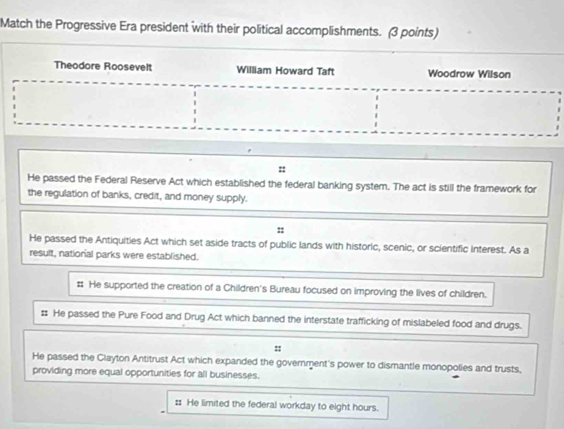 Match the Progressive Era president with their political accomplishments. (3 points)
Theodore Roosevelt William Howard Taft Woodrow Wilson
::
He passed the Federal Reserve Act which established the federal banking system. The act is still the framework for
the regulation of banks, credit, and money supply.
::
He passed the Antiquities Act which set aside tracts of public lands with historic, scenic, or scientific interest. As a
result, national parks were established.
# He supported the creation of a Children's Bureau focused on improving the lives of children.
# He passed the Pure Food and Drug Act which banned the interstate trafficking of mislabeled food and drugs.
::
He passed the Clayton Antitrust Act which expanded the government's power to dismantle monopolies and trusts,
providing more equal opportunities for all businesses.
:: He limited the federal workday to eight hours.