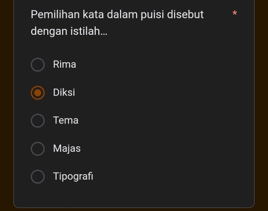 Pemilihan kata dalam puisi disebut *
dengan istilah...
Rima
Diksi
Tema
Majas
Tipografi