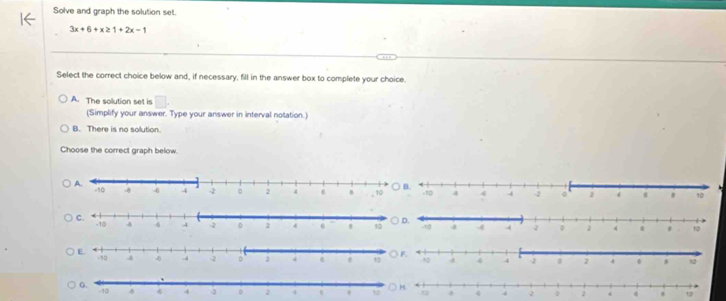 Solve and graph the solution set.
3x+6+x≥ 1+2x-1
Select the correct choice below and, if necessary, fill in the answer box to complete your choice.
A. The solution set is □ . 
(Simplify your answer. Type your answer in interval notation.
B. There is no solution.
Choose the correct graph below.