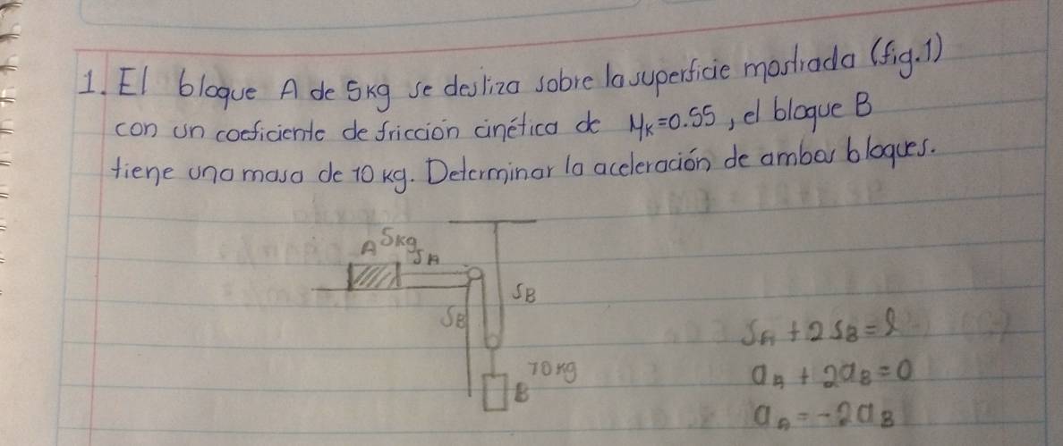 EI blogue A de Skg se desliza sobre lasuperficie mostrada (f_ig.1)
con un coeficiente defriction cinetica do 1y_k=0.55 , el blogue B 
fiene uno maso de 10 kg. Determinor 1o aceleracion de ambar blogues. 
ASKgA 
SB 
Se
S_A+2S_B=l
70ng a_A+2a_8=0
B
a_A=-2a_B