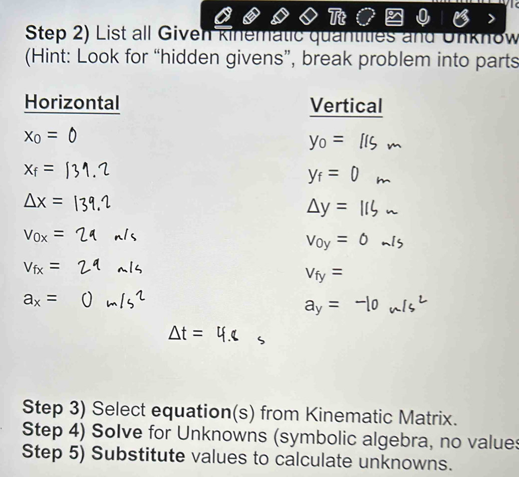 UL 
Step 2) List all Given kinematic quantities and Unknow 
(Hint: Look for “hidden givens”, break problem into parts 
Horizontal Vertical
x_0=0
 =
X_f=
Step 3) Select equation(s) from Kinematic Matrix. 
Step 4) Solve for Unknowns (symbolic algebra, no values 
Step 5) Substitute values to calculate unknowns.