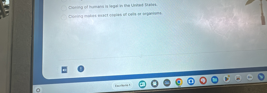 Cloning of humans is legal in the United States. 
Cloning makes exact copies of cells or organisms. 
Escrito rio 1