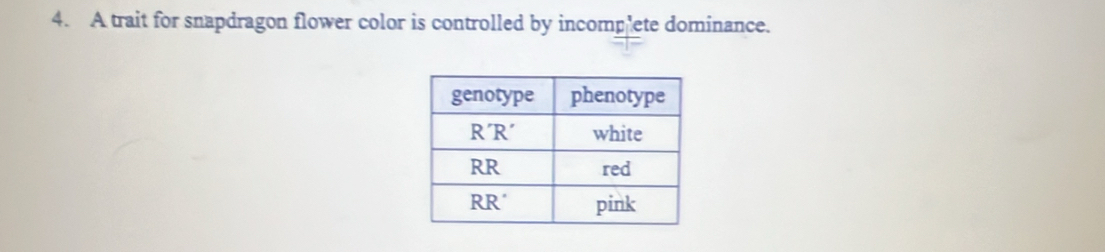 A trait for snapdragon flower color is controlled by incomplete dominance.