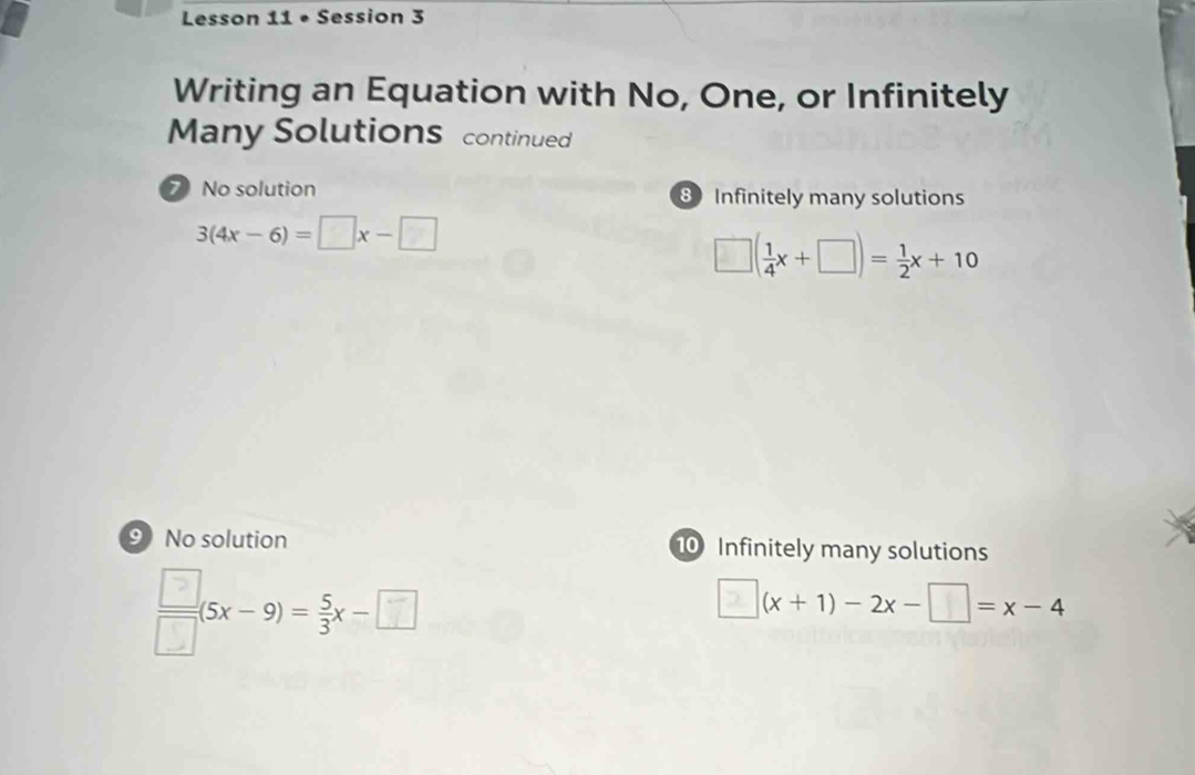 Lesson 11 • Session 3
Writing an Equation with No, One, or Infinitely
Many Solutions continued
No solution 8 Infinitely many solutions
3(4x-6)=□ x-□
□ ( 1/4 x+□ )= 1/2 x+10
9 No solution 10 Infinitely many solutions
=(5x- 9)= 3x - □
2 (x+1)-2x-□ =x-4