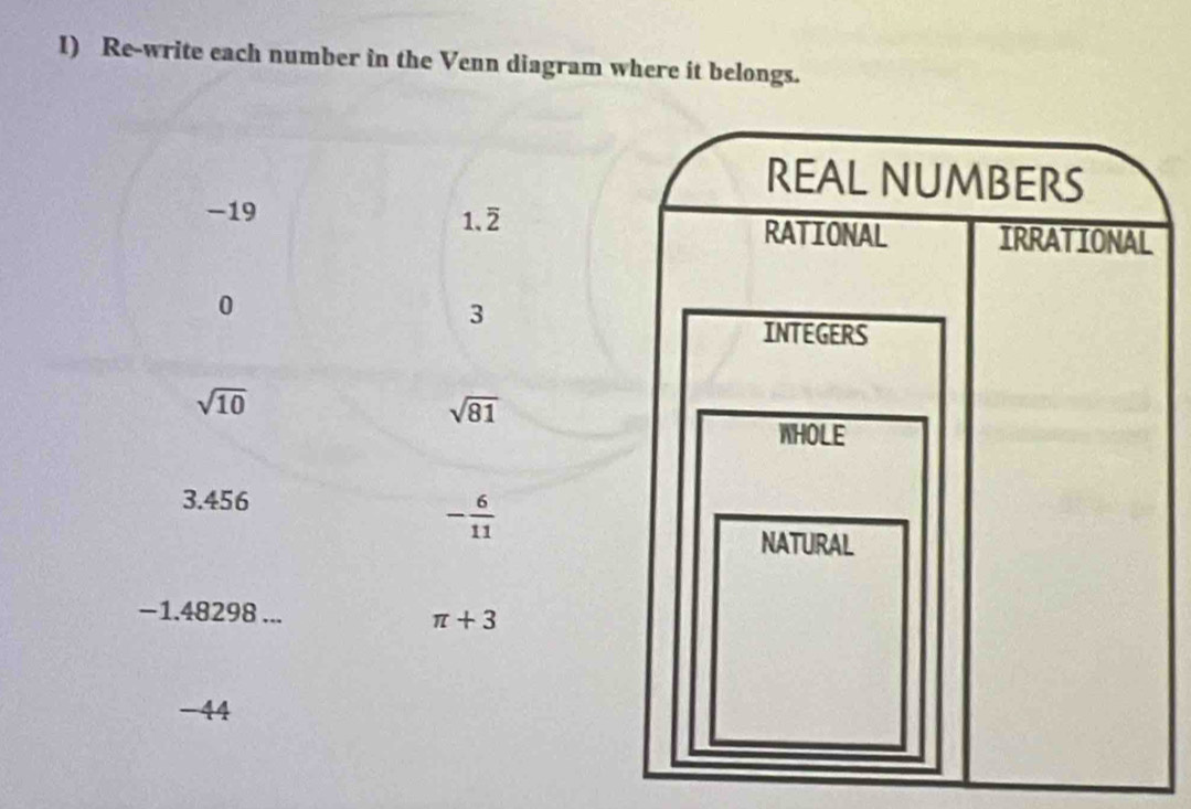 Re-write each number in the Venn diagram where it belongs. 
1. overline 2
-19
0
3
sqrt(10)
sqrt(81)
3.456
- 6/11 
−1.48298...
π +3
-44