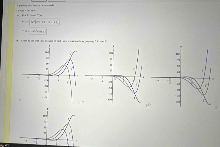 A graphing calculator is recommended
Let f(x)=3e^xcos (x).
(a) Find f(x) and f^-(x)
f(x)=3e^x(cos (x)-sin (x))
f'(x)=|-6e^xsin (x)|
(b) Check to see that your answers to part (a) are reasonable by graphing f, f', and f''.
○
y
①
100
75
  
50
25 r
; 9 : x