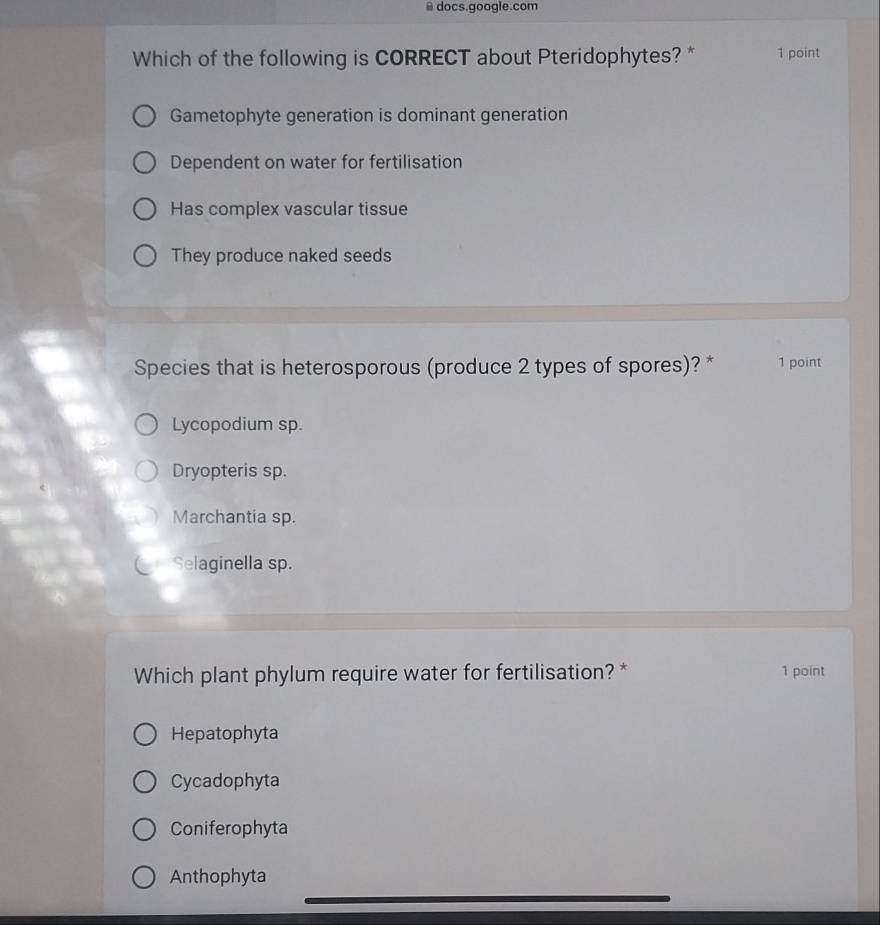 docs.google.com
Which of the following is CORRECT about Pteridophytes? * 1 point
Gametophyte generation is dominant generation
Dependent on water for fertilisation
Has complex vascular tissue
They produce naked seeds
Species that is heterosporous (produce 2 types of spores)? * 1 point
Lycopodium sp.
Dryopteris sp.
Marchantia sp.
Selaginella sp.
Which plant phylum require water for fertilisation? * 1 point
Hepatophyta
Cycadophyta
Coniferophyta
Anthophyta