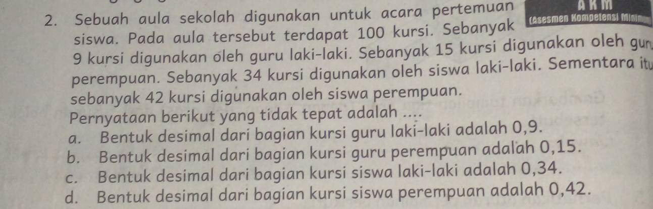 Sebuah aula sekolah digunakan untuk acara pertemuan
AKM
siswa. Pada aula tersebut terdapat 100 kursi. Sebanyak (Asesmen Kompetensi Min
9 kursi digunakan oleh guru laki-İaki. Sebanyak 15 kursi digunakan oleh gu
perempuan. Sebanyak 34 kursi digunakan oleh siswa laki-laki. Sementara it
sebanyak 42 kursi digunakan oleh siswa perempuan.
Pernyataan berikut yang tidak tepat adalah ....
a. Bentuk desimal dari bagian kursi guru laki-laki adalah 0, 9.
b. Bentuk desimal dari bagian kursi guru perempuan adalah 0,15.
c. Bentuk desimal dari bagian kursi siswa laki-laki adalah 0,34.
d. Bentuk desimal dari bagian kursi siswa perempuan adalah 0,42.