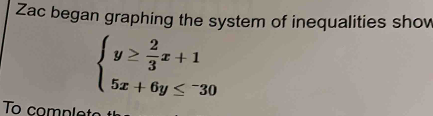 Zac began graphing the system of inequalities shov
beginarrayl y≥  2/3 x+1 5x+6y≤ -30endarray.
To comple te