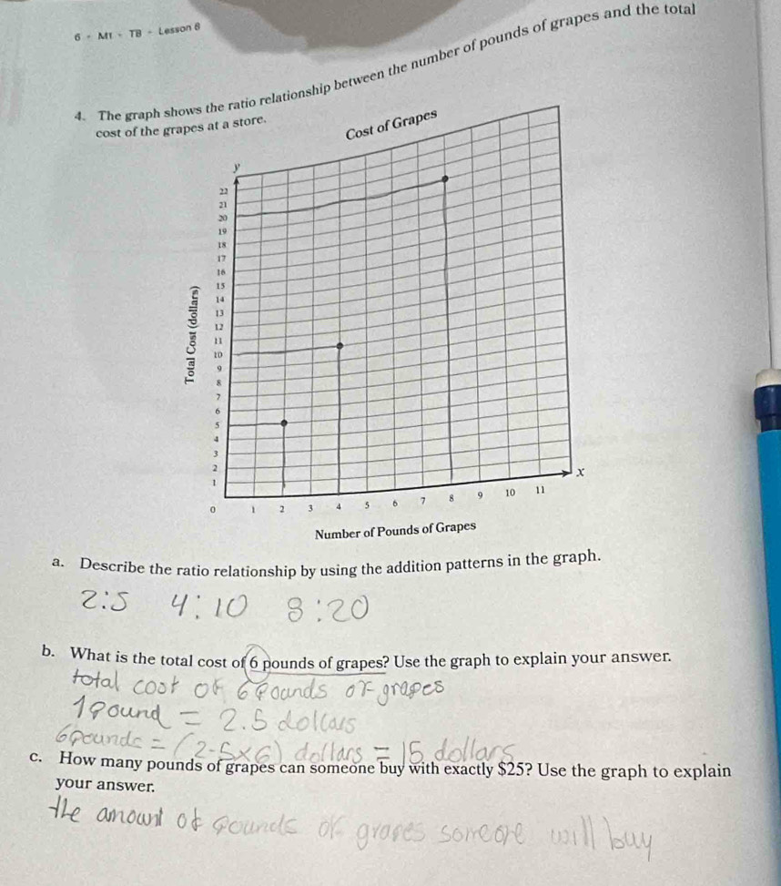 6· MI=TB=Lesson6
4. The graph shows the ratio relationship between the number of pounds of grapes and the tota 
Cost of Grapes 
cost of the grapes at a store.
y
22
21
20
19
18
17
16
15
14
13
12
i 10
n
9
8
1
6
5
4
3
2
x
1
1 2 3 4 5 。 7 8 9 10 11
Number of Pounds of Grapes 
a. Describe the ratio relationship by using the addition patterns in the graph. 
b. What is the total cost of 6 pounds of grapes? Use the graph to explain your answer. 
c. How many pounds of grapes can someone buy with exactly $25? Use the graph to explain 
your answer.