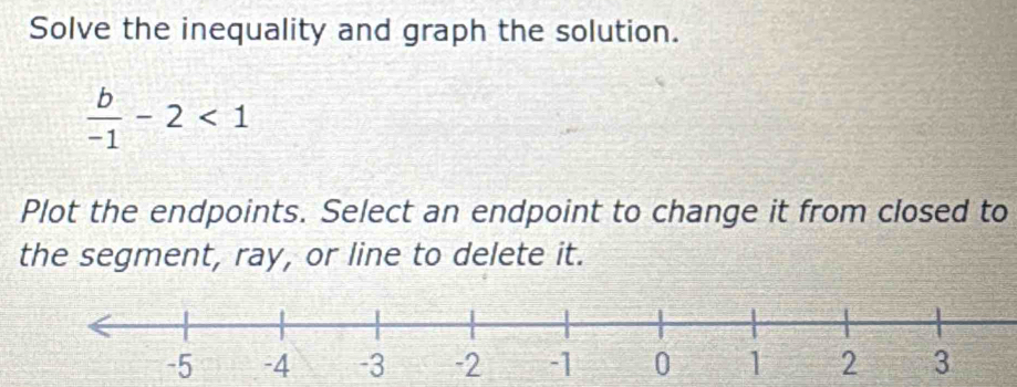 Solve the inequality and graph the solution.
 b/-1 -2<1</tex> 
Plot the endpoints. Select an endpoint to change it from closed to 
the segment, ray, or line to delete it.