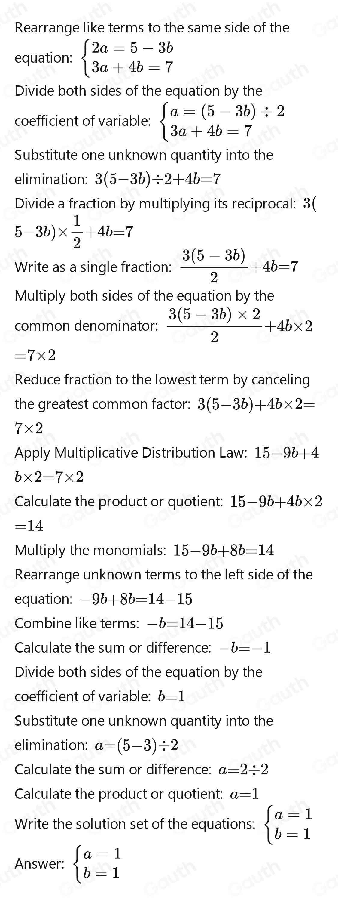 Solved: Solve 2a+3b=5 3a+4b=7 [Math]