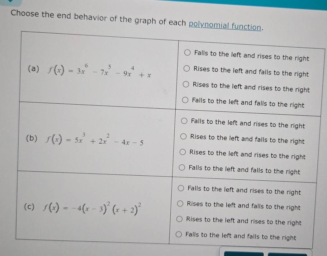 Choose the end behavior of the graph of each