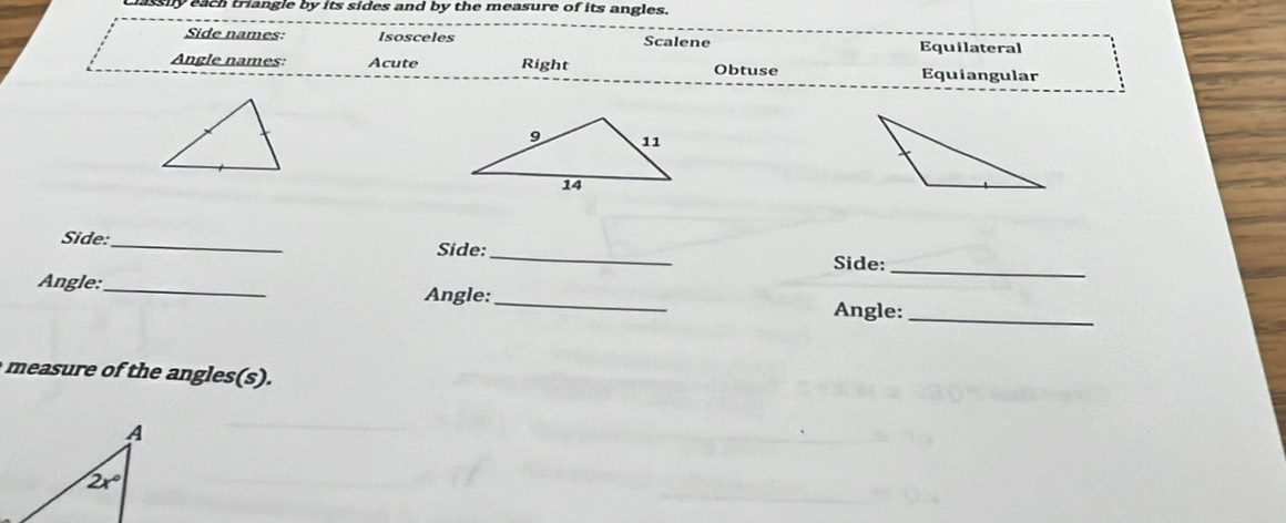 sly each triangle by its sides and by the measure of its angles.
Side names: Isosceles Scalene Equilateral
Angle names: Acute Right Obtuse Equiangular
Side:_
Side:_
Side:_
Angle:_ Angle:_
Angle:_
ma           les (s).