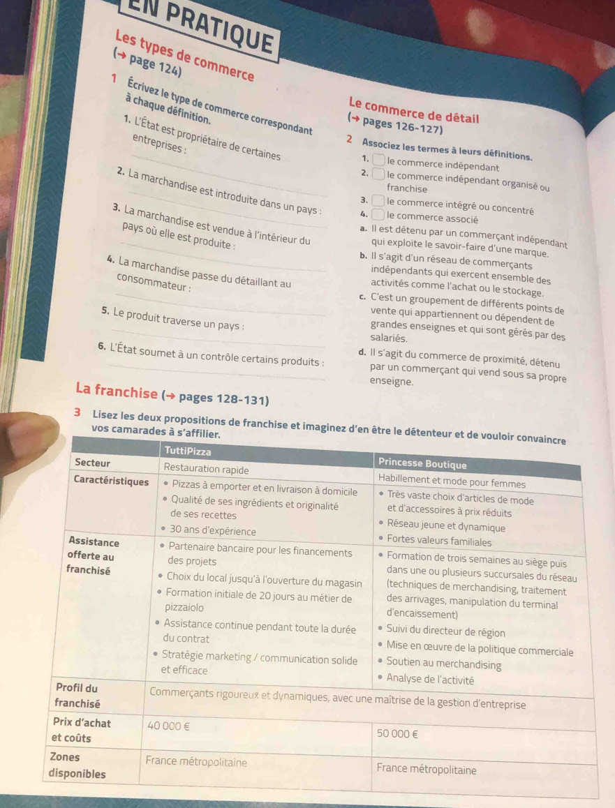 EN pRATIQUE
Les types de commerce
(→ page 124)
l Écrivez le type de commerce correspondant
à chaque définition.
Le commerce de détail
(→ pages 126-127)
_
1. L'État est propriétaire de certaines
entreprises :
2 Associez les termes à leurs définitions.
1. □ le commerce indépendant
2, □ le commerce indépendant organisé ou
franchise
2. La marchandise est introduite dans un pays 4. □ le commerce associé
3. □ le commerce intégré ou concentré
3. La marchandise est vendue à l'intérieur du qui exploite le savoir-faire d'une marque.
pays où elle est produite :
a. Il est détenu par un commerçant indépendant
b. Il s'agit d'un réseau de commerçants
4. La marchandise passe du détaillant au
indépendants qui exercent ensemble des
_
consommateur :
activités comme l'achat ou le stockage.
c. C’est un groupement de différents points de
vente qui appartiennent ou dépendent de
5. Le produit traverse un pays :
_grandes enseignes et qui sont gérés par des
salariés.
d. Il s'agit du commerce de proximité, détenu
6. L'État soumet à un contrôle certains produits : par un commerçant qui vend sous sa propre
enseigne.
La franchise (→ pages 128-131)
3 Lisez les deux propositions de franchise et