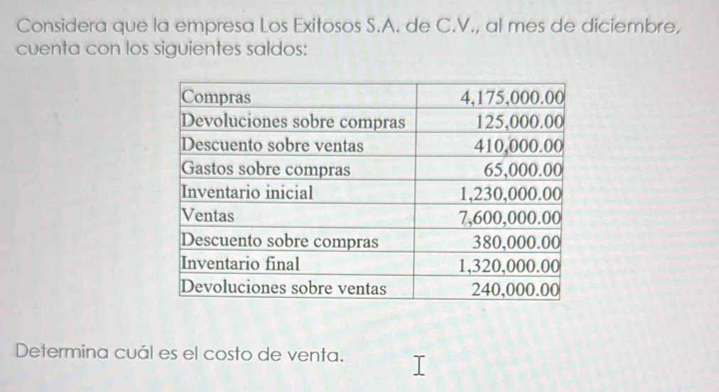 Considera que la empresa Los Exitosos S.A. de C.V., al mes de diciembre, 
cuenta con los siguientes saldos: 
Determina cuál es el costo de venta.