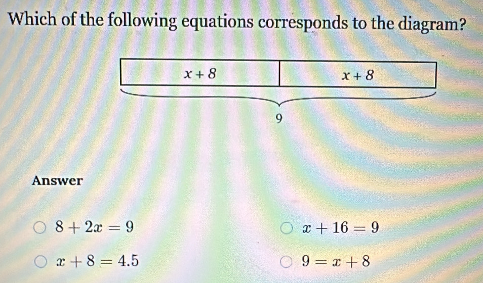 Which of the following equations corresponds to the diagram?
Answer
8+2x=9
x+16=9
x+8=4.5
9=x+8