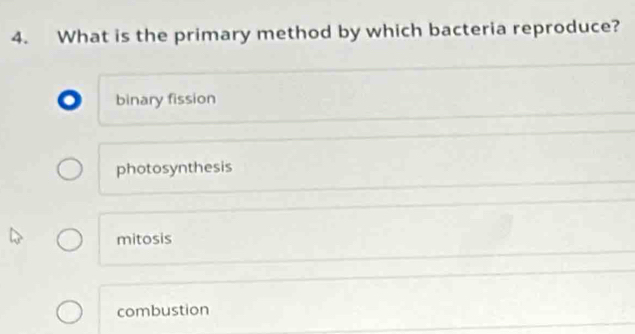 What is the primary method by which bacteria reproduce?
binary fission
photosynthesis
mitosis
combustion