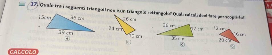 Quale tra i seguenti triangoli non è un triangolo rettangolo? Quali calcoli devi fare per scoprirlo? 


CALCOLO