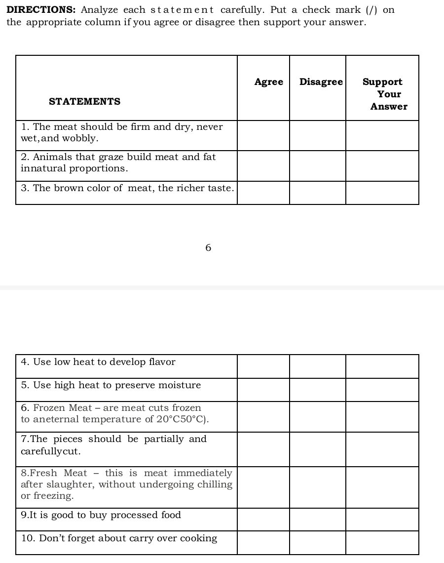 DIRECTIONS: Analyze each statеment carefully. Put a check mark (/) on
the appropriate column if you agree or disagree then support your answer.
6