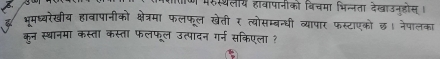 मरुस्थेलीय हावापानीको विचमा भिन्नता देखाउन्होस। 
भूमध्यरेखीय हाबापानीको क्षेत्रमा फलफूल खेती र त्योसम्बन्धी व्यापार फस्टाएको छ। नेपालका 
कन स्थानमा कस्ता कस्ता फलफूल उत्पादन गर्न सकिएला ?