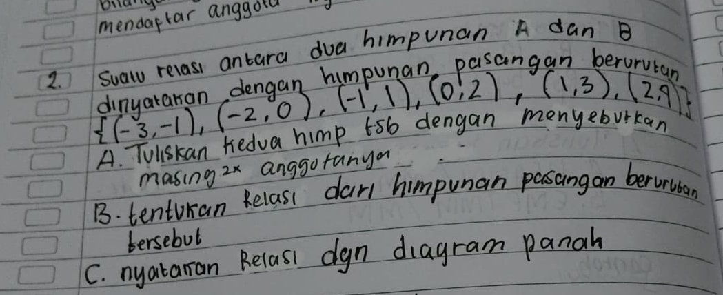 mendaftar anggota 
2. Suatu relasi antara dua himpunan A dan B
hmnunan pasangan bers
 beginarrayr dinyataron  (-3,-1),(-2,0),(-1,1),(0,2),(1,3),(2,9)  (-3,-1),(-2,0)
an
A. Toliskan hedva nimp
masin 3 2x anggotanya
B. tenturan Relasi darl himpunan pasangan berurban
tersebut
C. nyataran Relasi dgn diagram panah