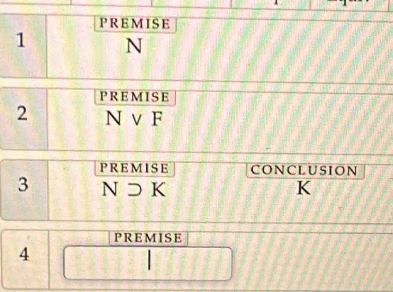 PREMISE 
1
N
PREMISE 
2 Nvee F
PREMISE CONCLUSION 
3 Nsupset K
K
PREMISE 
4