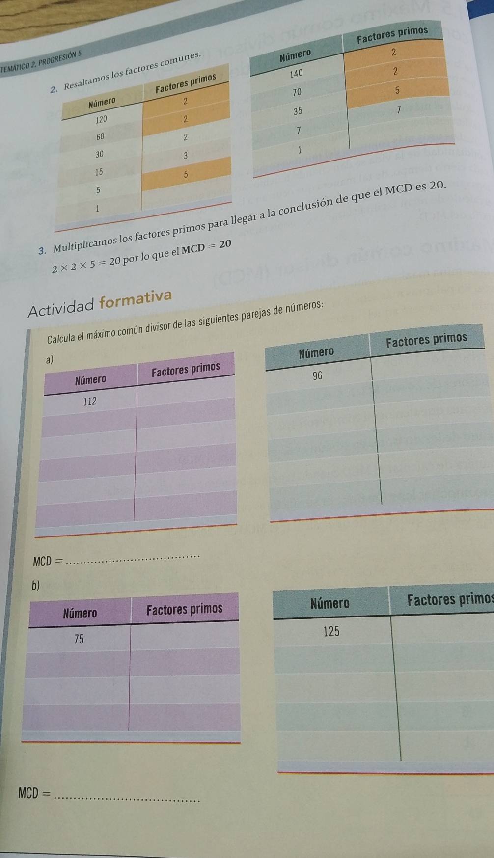 TEMATICO 2. PRIÓN 5 
s. 
3. Multiplicamos losgar a la conclusión de que el MC
2* 2* 5=20 por lo que el MCD=20
Actividad formativa 
Calcula el máximo común divisor de las siguientes parejas de números:
MCD=
_ 
b) 
os 
_ MCD=