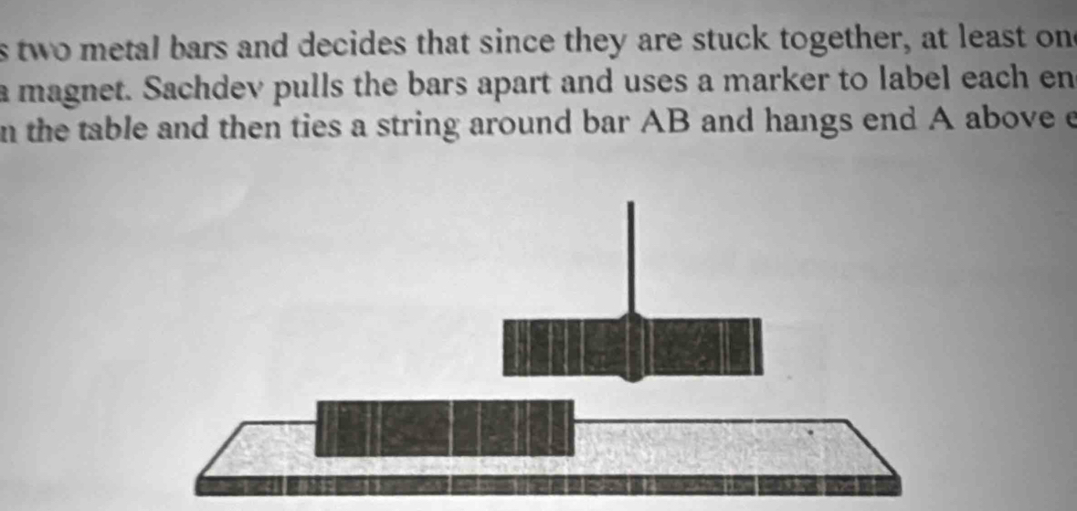 two metal bars and decides that since they are stuck together, at least on 
a magnet. Sachdev pulls the bars apart and uses a marker to label each en 
n the table and then ties a string around bar AB and hangs end A above e