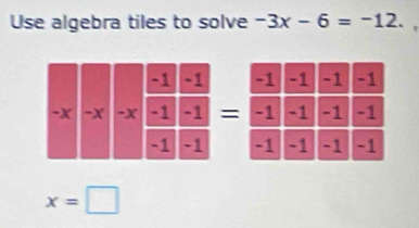 Use algebra tiles to solve -3x-6=-12. 

=

x=□