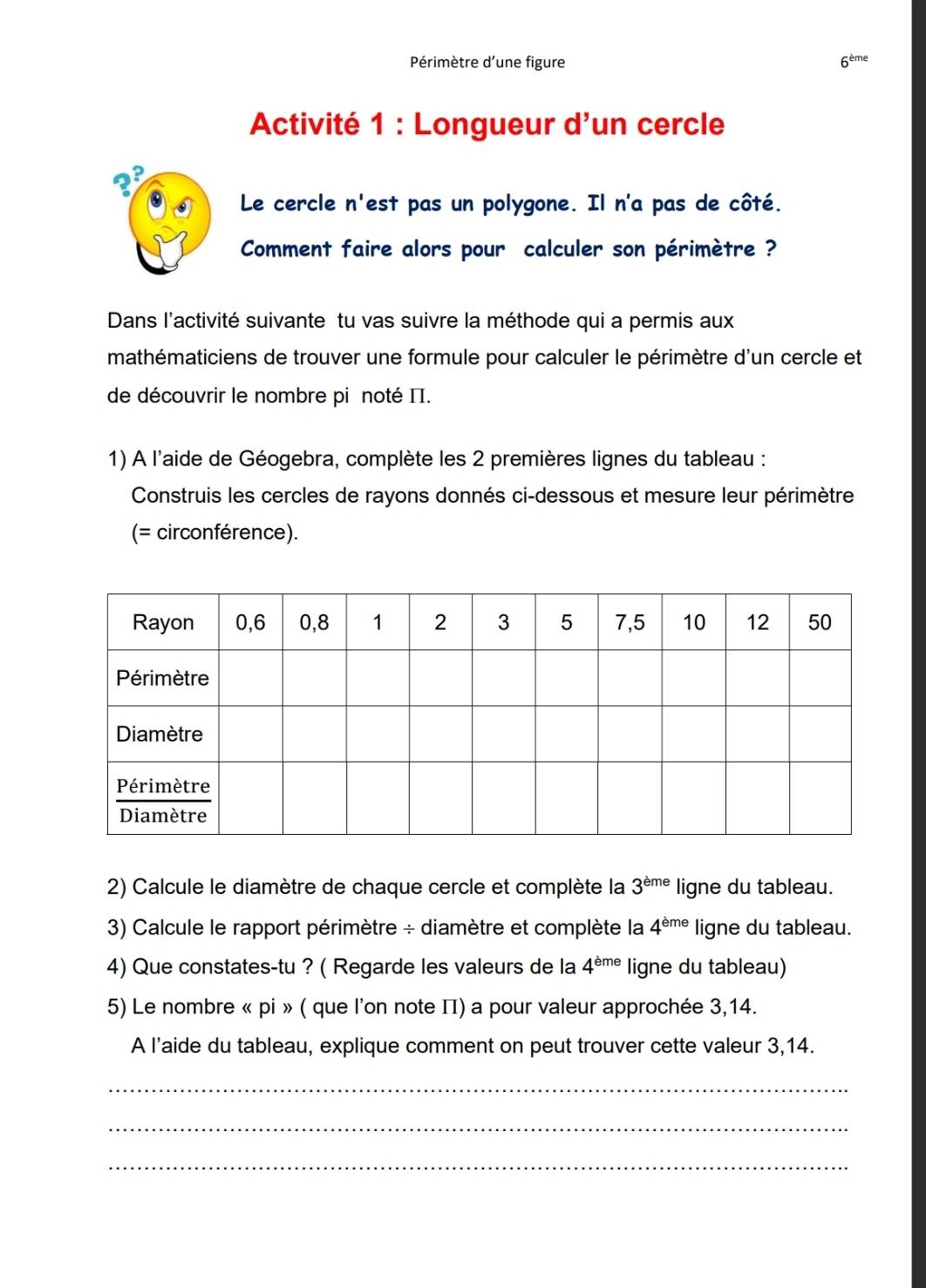 Périmètre d'une figure 6^(tme)
Activité 1 : Longueur d'un cercle 
? 
Le cercle n'est pas un polygone. Il n'a pas de côté. 
Comment faire alors pour calculer son périmètre ? 
Dans l'activité suivante tu vas suivre la méthode qui a permis aux 
mathématiciens de trouver une formule pour calculer le périmètre d'un cercle et 
de découvrir le nombre pi noté II. 
1) A l'aide de Géogebra, complète les 2 premières lignes du tableau : 
Construis les cercles de rayons donnés ci-dessous et mesure leur périmètre 
(= circonférence). 
2) Calcule le diamètre de chaque cercle et complète la 3^(eme) ligne du tableau. 
3) Calcule le rapport périmètre ÷ diamètre et complète la 4^(eme) ligne du tableau. 
4) Que constates-tu ? ( Regarde les valeurs de la 4^(eme) ligne du tableau) 
5) Le nombre « pi » ( que l'on note II) a pour valeur approchée 3, 14. 
A l’aide du tableau, explique comment on peut trouver cette valeur 3, 14. 
_ 
_ 
_