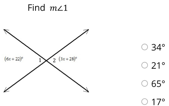 Find m∠ 1
34°
21°
65°
17°