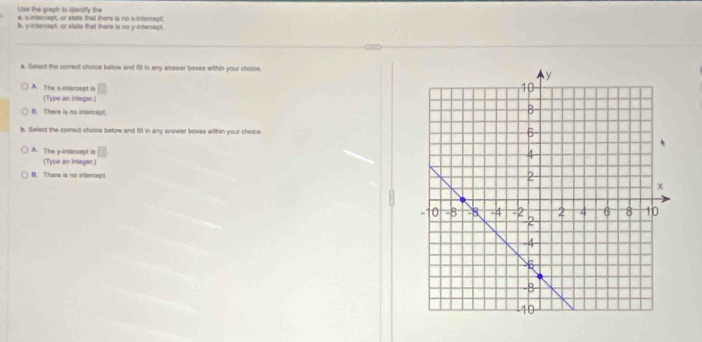 Use the graph to idenofy the
#. =intercept, or stae that there is no x-intercept
b, y-intercept, or state that there is no y -interospt.
a. Select the correct choice below and fill in any answer boxes within your choice
A. The x-intercept is □
(Type an inlager)
B. There is no intercept
b. Select the correct choice below and fill in any answer boxes within your choice.
A. The y -intarcept is □
(Typo an intager.)
B. There is no intercept