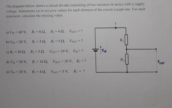 The diagram below shows a circuit divider consisting of two resistors in series with a supply
voltage. Statements (a) to (e) give values for each element of the circuit except one. For each
statement, calculate the missing value.
a) V_IN=60V,R_1=6Omega ,R_2=4Omega ,V_OUT= ?
b) V_IN=20V,R_1=5Omega ,R_2=5Omega ,V_OUT= ?
c) R_1=10Omega ,R_2=5Omega ,V_OUT=10V,V_IN= ?
d) V_IN=50V,R_1=10Omega ,V_OUT=10V,R_2= ?
c) V_DV=20V,R_2=4Omega ,V_OUT=5V,R_1= ?