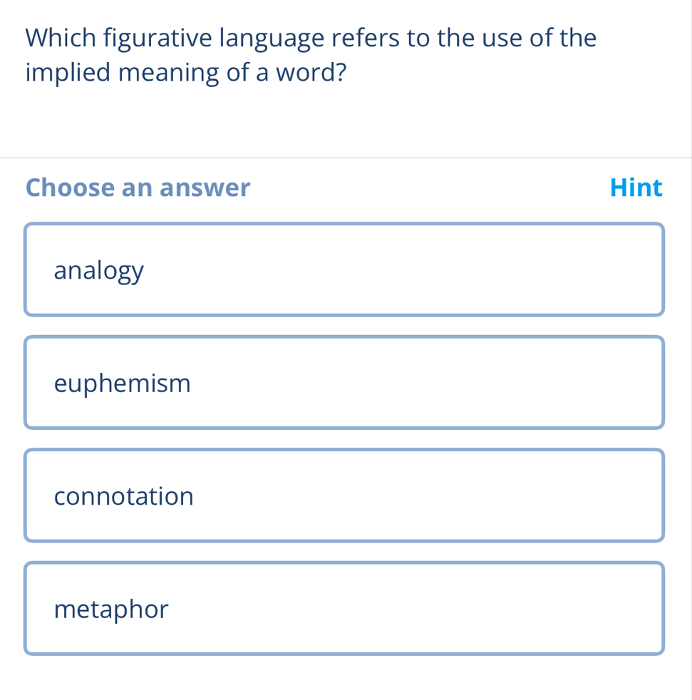 Which figurative language refers to the use of the
implied meaning of a word?
Choose an answer Hint
analogy
euphemism
connotation
metaphor