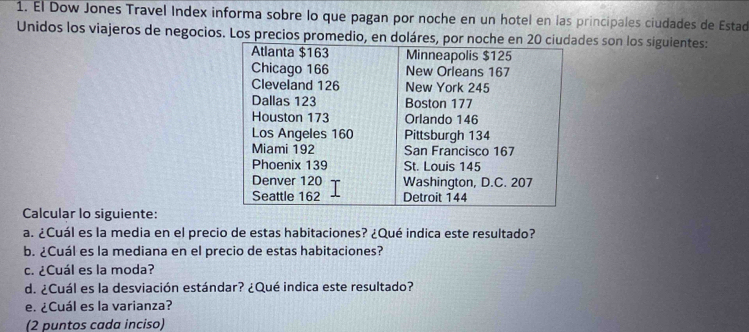 El Dow Jones Travel Index informa sobre lo que pagan por noche en un hotel en las principales ciudades de Estad 
Unidos los viajeros de negocios. Los precios promedio, en doláres, por noche en 2es son los siguientes: 
Calcular lo siguiente: 
a. ¿Cuál es la media en el precio de estas habitaciones? ¿Qué indica este resultado? 
b. ¿Cuál es la mediana en el precio de estas habitaciones? 
c. ¿Cuál es la moda? 
d. ¿Cuál es la desviación estándar? ¿Qué indica este resultado? 
e. ¿Cuál es la varianza? 
(2 puntos cada inciso)