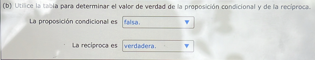 Utilice la tabla para determinar el valor de verdad de la proposición condicional y de la recíproca. 
La proposición condicional es falsa. 
La recíproca es verdadera.